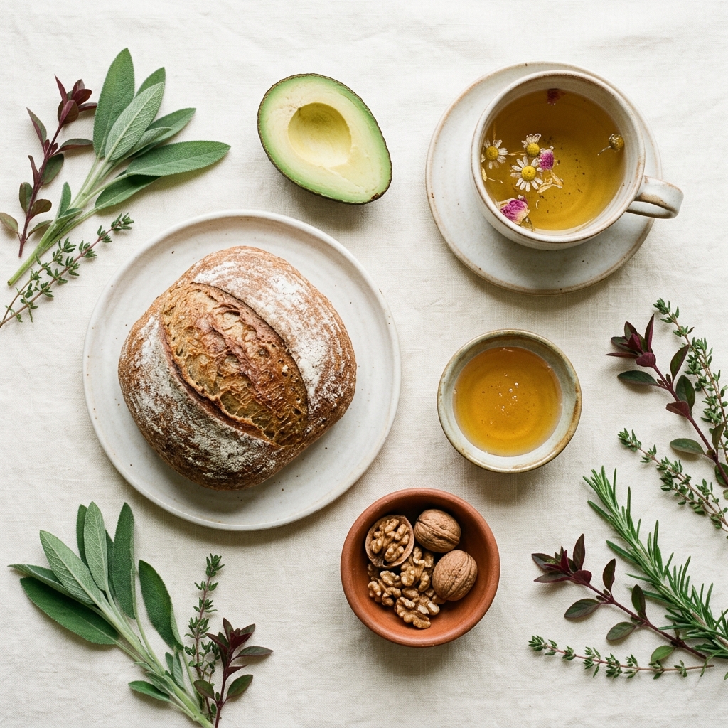 Frische Lebensmittel auf hellem Leinenstoff – Brot, Kräuter, Avocado, Kräutertee